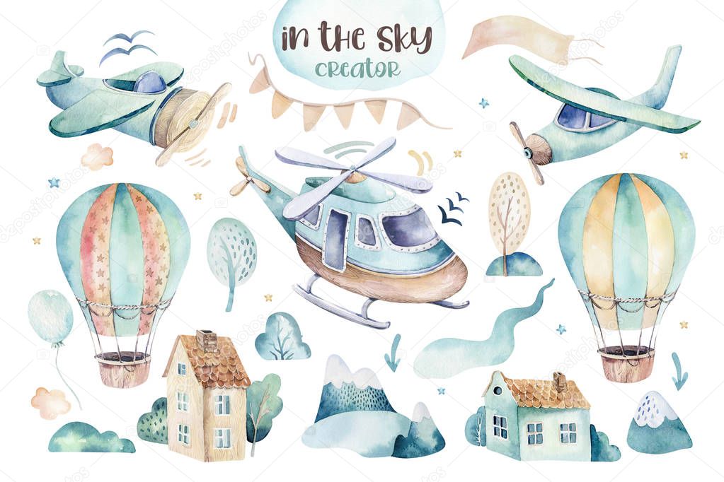 Watercolor set background illustration of a cute cartoon and fancy sky scene complete with airplanes, helicopters, plane and balloons, clouds. Boy seamless pattern. Its a baby shower design