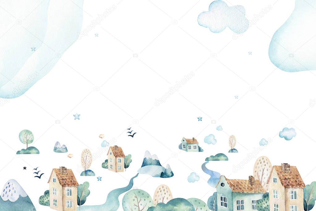 Watercolor set background illustration of a cute cartoon and fancy sky scene complete with airplanes, helicopters, plane and balloons, clouds. Boy seamless pattern. Its a baby shower design