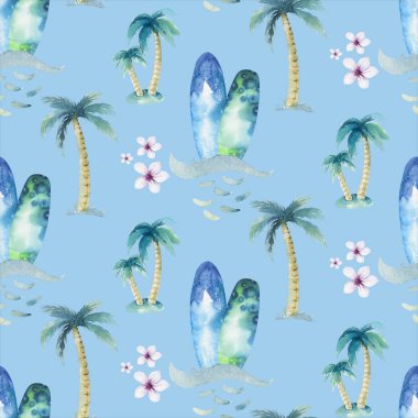 Sörf adam ve dalga arka plan ile kadın sörfçü siluetleri suluboya tarzı kesintisiz sörf deseni. Okyanus sörfü yaz tasarımı