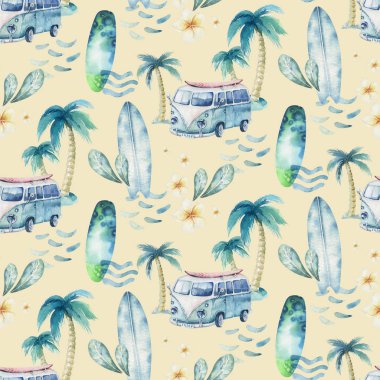 Sörf adam ve dalga arka plan ile kadın sörfçü siluetleri suluboya tarzı kesintisiz sörf deseni. Okyanus sörfü yaz tasarımı