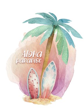 Suluboya sörf plaj, macera bisikleti ve motorollier, eğlenceli tatil aktivitesi, tropikal seyahat illüstrasyon. Ada yaz, retro araba ve sörf tahtası.