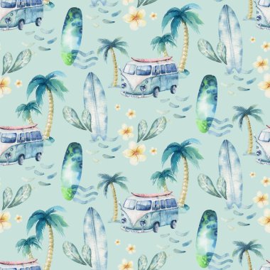 Sörf adam ve dalga arka plan ile kadın sörfçü siluetleri suluboya tarzı kesintisiz sörf deseni. Okyanus sörfü yaz tasarımı