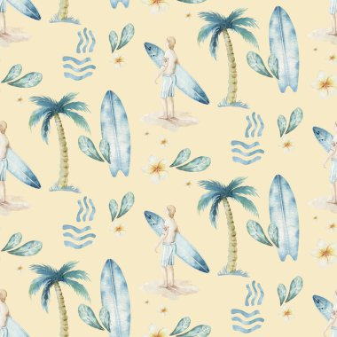 Sörf adam ve dalga arka plan ile kadın sörfçü siluetleri suluboya tarzı kesintisiz sörf deseni. Okyanus sörfü yaz tasarımı