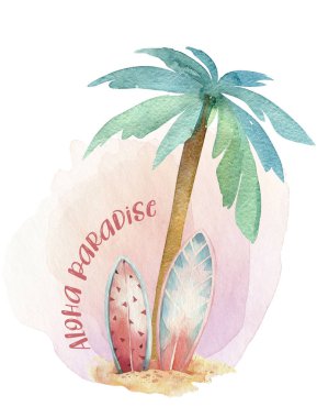 Suluboya sörf plaj, macera bisikleti ve motorollier, eğlenceli tatil aktivitesi, tropikal seyahat illüstrasyon. Ada yaz, retro araba ve sörf tahtası.