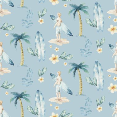 Sörf adam ve dalga arka plan ile kadın sörfçü siluetleri suluboya tarzı kesintisiz sörf deseni. Okyanus sörfü yaz tasarımı