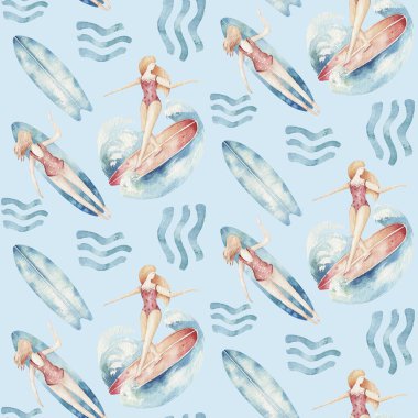 Sörf adam ve dalga arka plan ile kadın sörfçü siluetleri suluboya tarzı kesintisiz sörf deseni. Okyanus sörfü yaz tasarımı