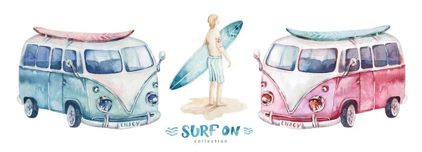Aquarel Surfen Vakantie Summer Ocean Beach Wirh Surfplank Auto California — Stockfoto