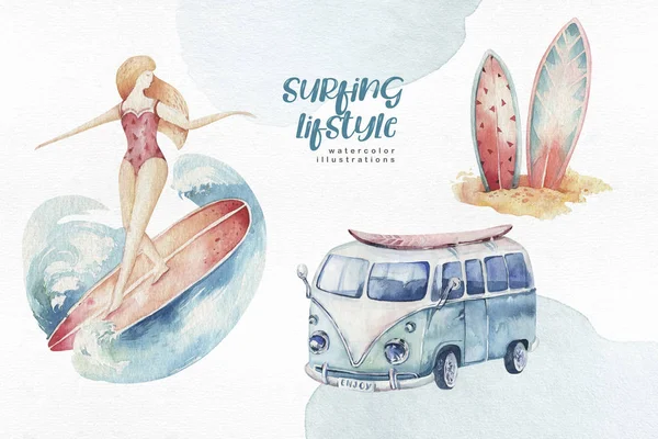 水彩风格集冲浪男人和女人冲浪者剪影与波浪 在白色背景上隔离的海洋夏季波浪设计 — 图库照片
