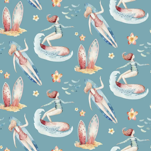 Watercolor Style Seamless Surfing Pattern Surf Man Woman Surfers Silhouettes — Stock Photo, Image