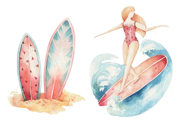 水彩风格集冲浪男人和女人冲浪者剪影与波浪 在白色背景上隔离的海洋夏季波浪设计 — 图库照片
