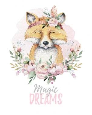 Suluboya karikatür izole şirin bebek fox hayvan çiçekli. Orman fidanlık ormanlık illüstrasyon. Bohem boho için kreş poster, desen çizim