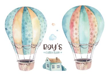 Suluboya, uçaklar, helikopterler, balonlar ve bulutlarla tamamlanmış şirin ve süslü bir gökyüzü sahnesinin arkaplan çizimi. Erkek modeli. Bebek partisi illüstrasyonu.