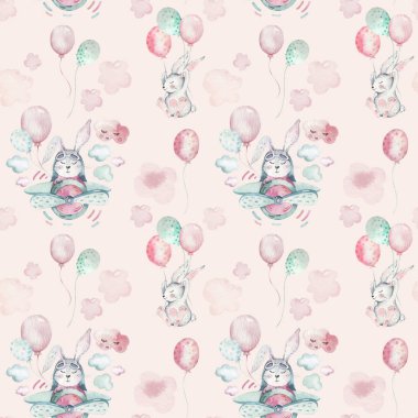El çizimi şirin Paskalya pilot bunny suluboya karikatür bunnies uçak ve gökyüzü Tekstil desen balonla uçmak. Turkuaz suluboya Tekstil şekil