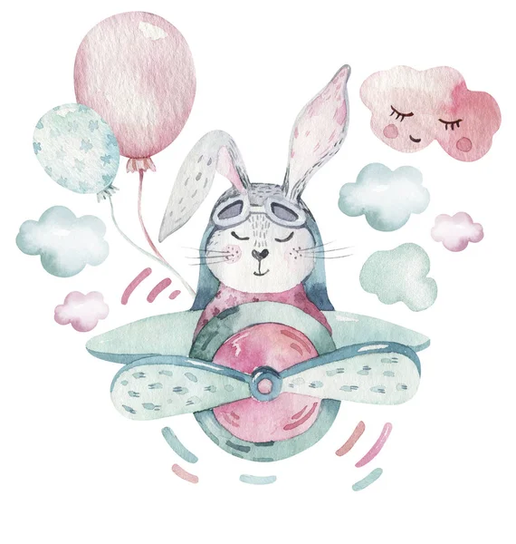 Hand drawing fly cute easter pilot bunny watercolor cartoon bunnies with airplane. Turquoise watercolour animal rabbit art flight illustration