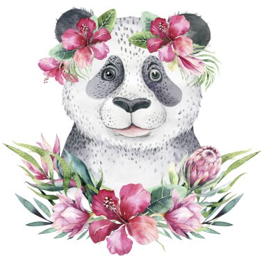 Bebek pandalı bir poster. Suluboya karikatür panda tropik tasarım baskı.