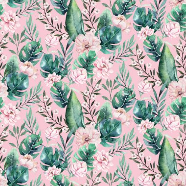 El çizilmiş suluboya tropikal dikişsiz desen . Egzotik gül kuşu çizimleri, modaya uygun sanat. Kumaş tasarımı için mükemmeldir. Aloha