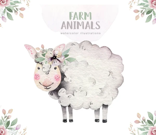 Zvířata Farmách Roztomilé Domácí Mazlíčci Akvarel Ilustrace Kůň Husa Design — Stock fotografie
