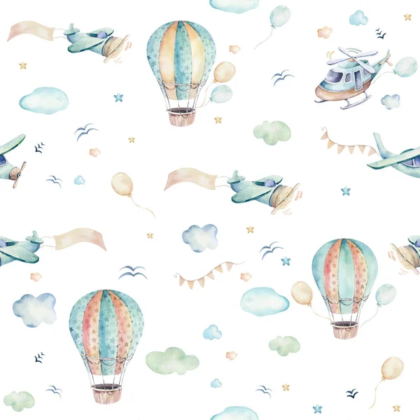 Watercolor set background illustration of a cute and fancy sky scene complete with airplanes, helicopters and balloons, clouds. Boy pattern. It\'s a baby shower illustration