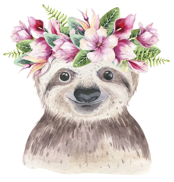 A poster with a baby sloth. Watercolor cartoon sloth tropical animal illustration. Jungle exotic summer design