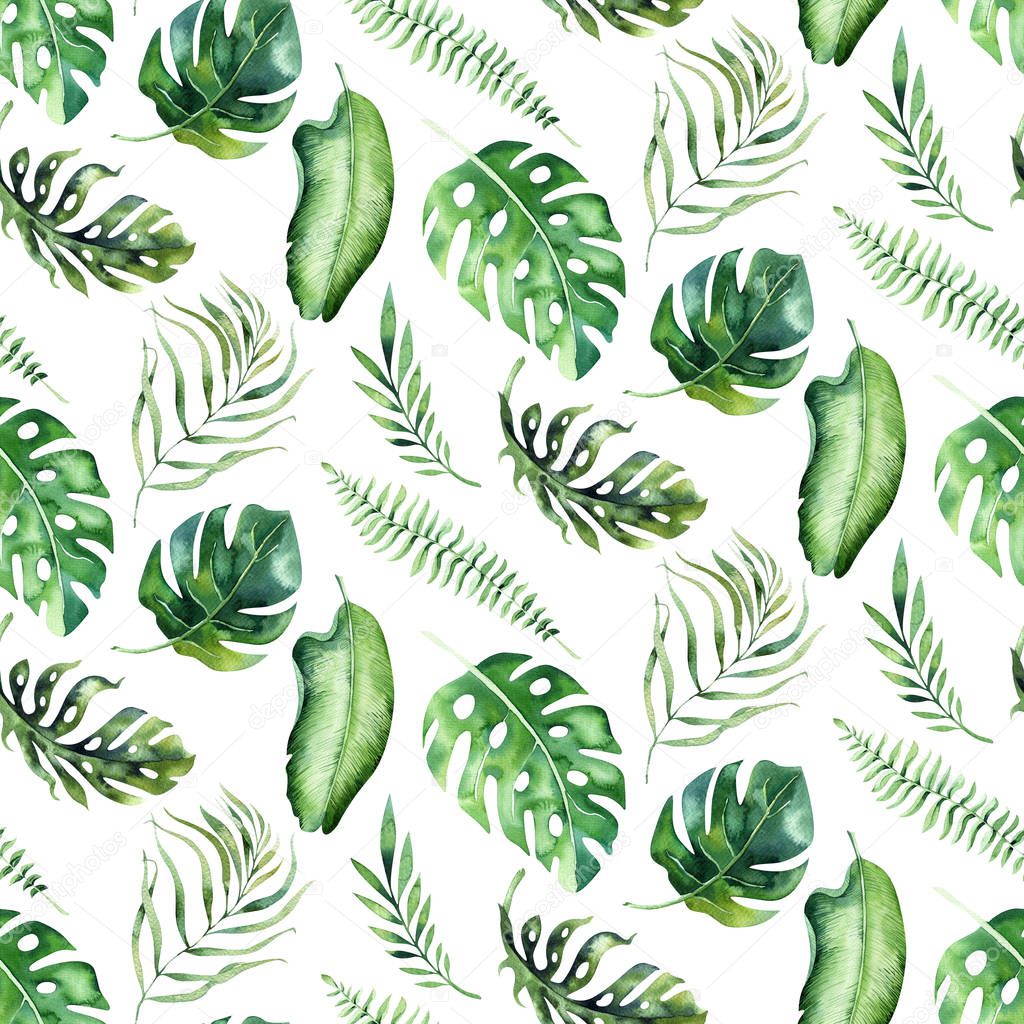 Seamless watercolor pattern of tropical leaves, aloha jungle illustration. Hand painted palm leaf. Texture with tropic summer time used as background, wrapping paper, textile or wallpaper design.