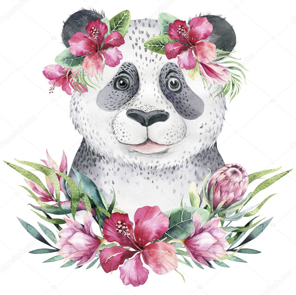 A poster with a baby panda. Watercolor cartoon panda tropic design print.