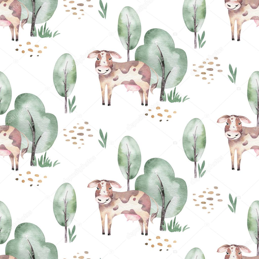 watercolor seamless pattern with cute farm animals with goat, horse, goose and cow. chicken and pig domestic animal illustration.