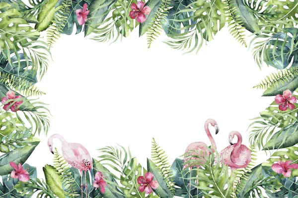 Hand Drawn Watercolor Floral Frame Tropical Pink Flamingos Birds Green — Stock Photo, Image