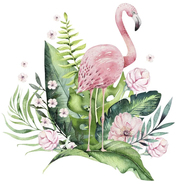 Yeşil Yapraklar Çiçekler Arasında Çizilmiş Suluboya Tropikal Pembe Flamingo Kuş — Stok fotoğraf