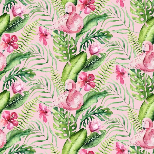Прекрасні Ручні Акварельні Тропічні Птахи Фламінго Безшовний Візерунок Екзотичні Рожеві — стокове фото