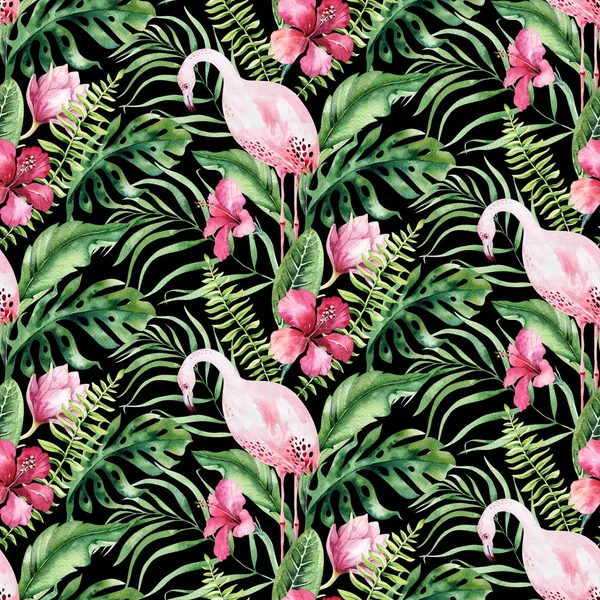 Seamless Hand Drawn Watercolor Tropical Flamingos Exotic Leaves Flowers Black — Stock Photo, Image