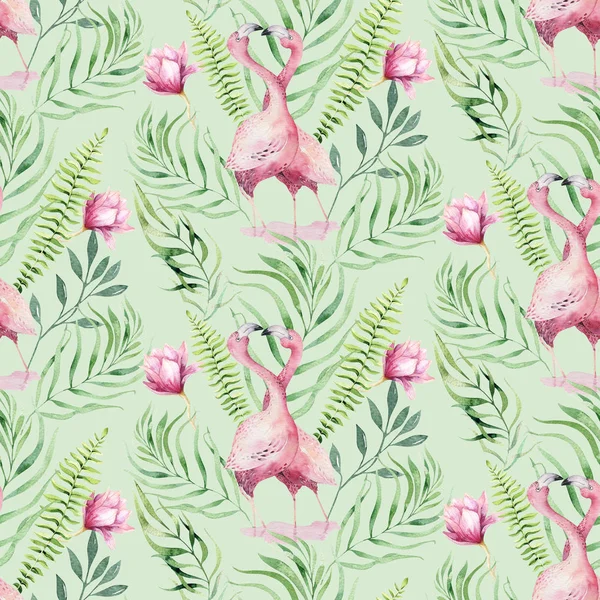 Lovely Hand Drawn Watercolor Tropical Birds Flamingos Seamless Pattern Exotic — Stock Photo, Image