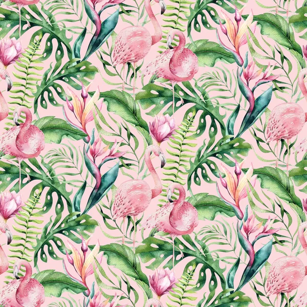 Seamless Hand Drawn Watercolor Tropical Flamingos Exotic Leaves — Stock Photo, Image