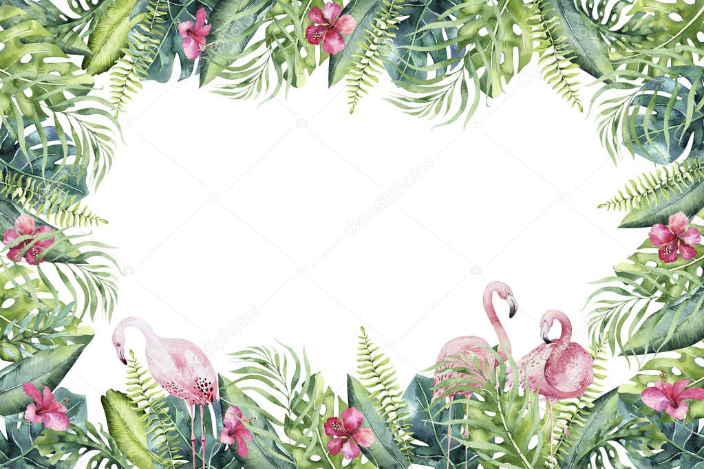 Hand drawn watercolor floral frame - tropical pink flamingos birds among green leaves and flowers with copy space.