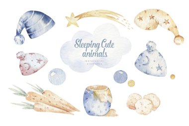 Tatlı rüyalı karikatür hayvan eli suluboya çizimi. Tişört baskısı, çocuk yuvası moda tasarımı, bebek partisi davetiyesi....