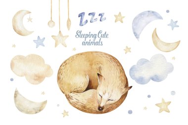 Tatlı rüyalı karikatür hayvan eli suluboya çizimi. Tişört baskısı, çocuk yuvası moda tasarımı, bebek partisi davetiyesi....