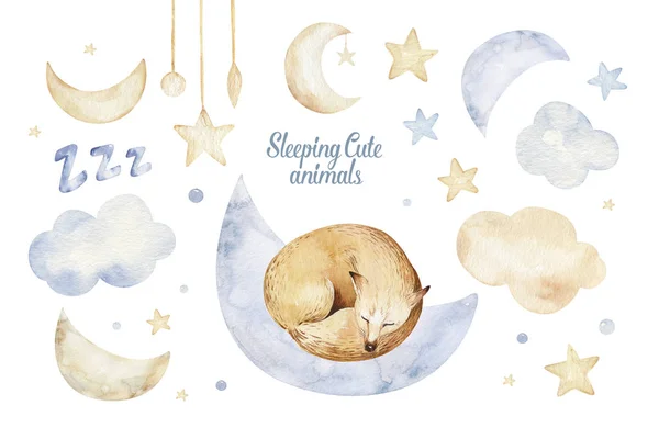 Cute dreaming cartoon fox animal hand drawn watercolor illustration. Sleeping charecher kids nursery wear fashion design, baby shower invitation