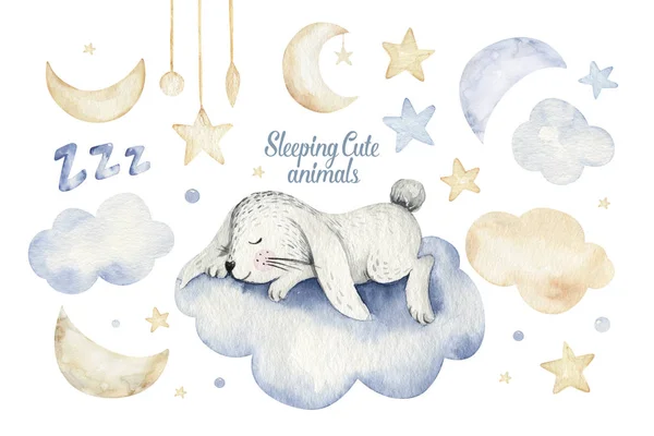 Cute Dreaming Kreskówki Zwierząt Ręcznie Rysowane Akwarela Ilustracja Może Być — Zdjęcie stockowe