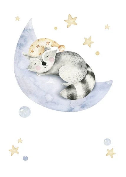 Cute Dreaming Cartoon Animal Hand Drawn Watercolor Illustration Can Used — Stock Photo, Image