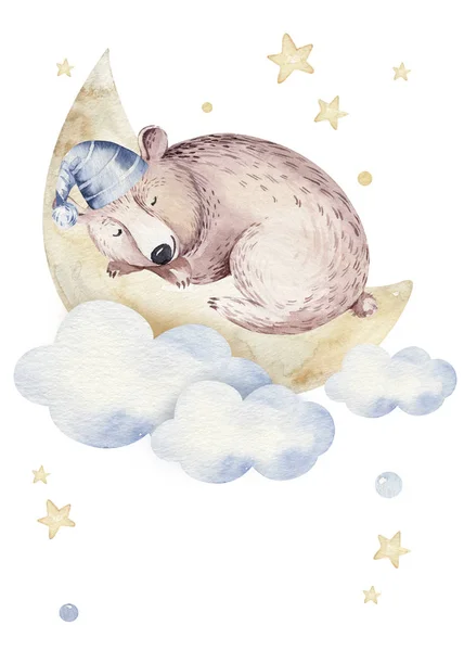 Cute Dreaming Cartoon Bear Animal Hand Drawn Watercolor Illustration Can — Stockfoto