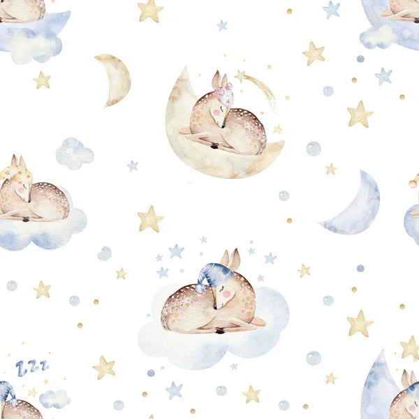 Cute dreaming cartoon animal hand drawn watercolor seamless pattern. Can be used for t-shirt print, kids nursery wear fashion design, baby shower