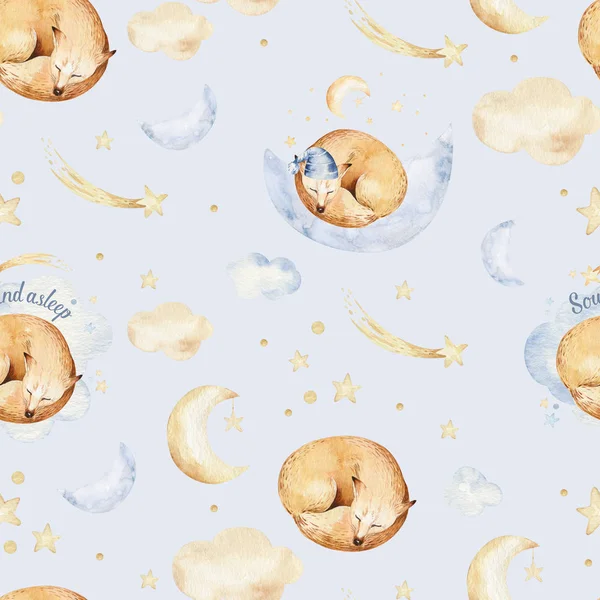 Cute dreaming cartoon animal hand drawn watercolor seamless pattern. Can be used for t-shirt print, kids nursery wear fashion design, baby shower