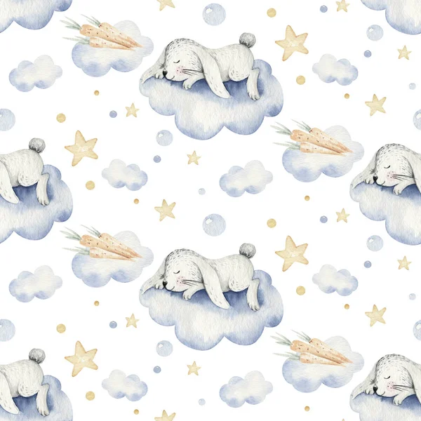 Cute dreaming cartoon animal hand drawn watercolor seamless pattern. Can be used for t-shirt print, kids nursery wear fashion design, baby shower