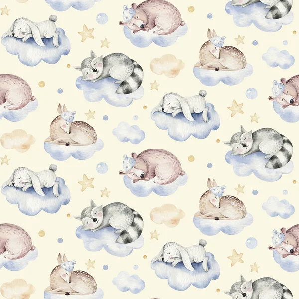 Cute Dreaming Cartoon Animal Hand Drawn Watercolor Seamless Pattern Can — 스톡 사진