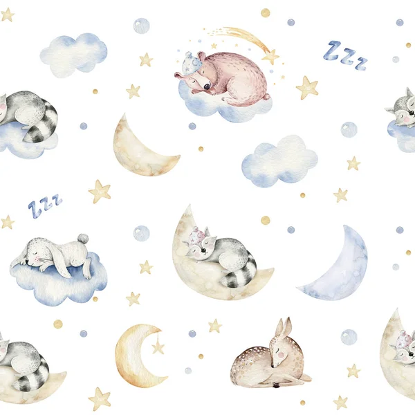 Cute dreaming cartoon animal hand drawn watercolor seamless pattern. Can be used for t-shirt print, kids nursery wear fashion design, baby shower