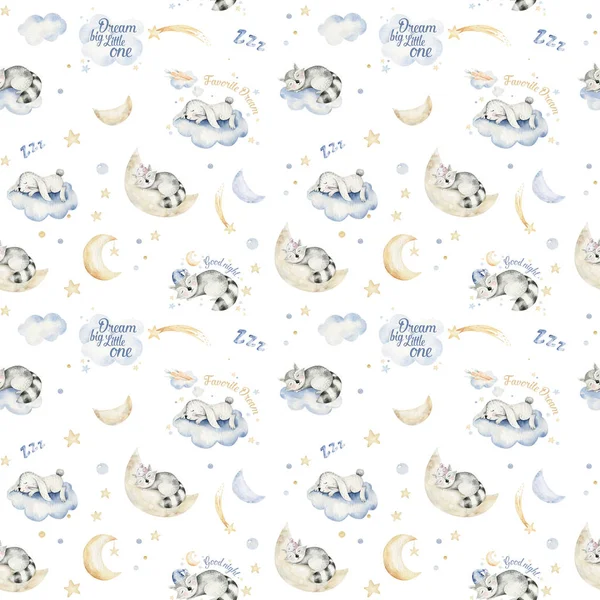 Cute Dreaming Cartoon Animal Hand Drawn Watercolor Seamless Pattern Can — 스톡 사진