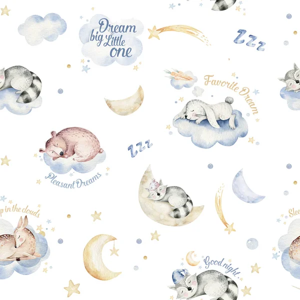 Cute Dreaming Cartoon Animal Hand Drawn Watercolor Seamless Pattern Can — 스톡 사진