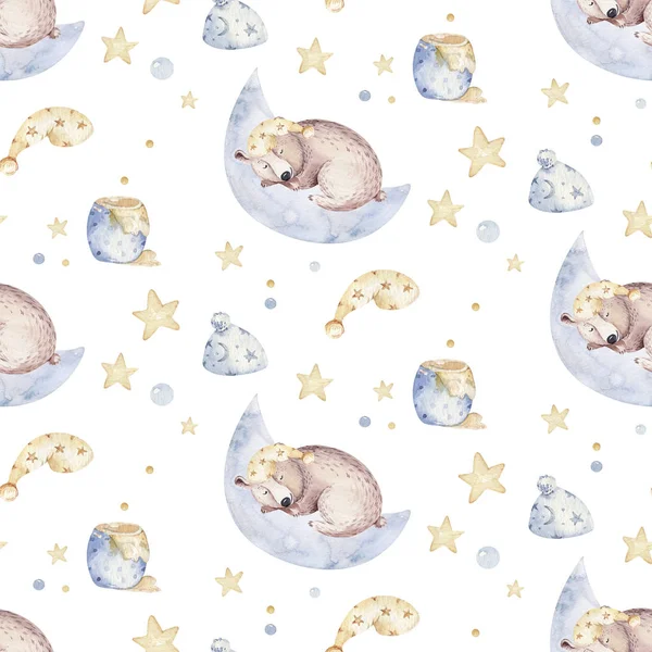 Cute Dreaming Cartoon Animal Hand Drawn Watercolor Seamless Pattern Can — 스톡 사진