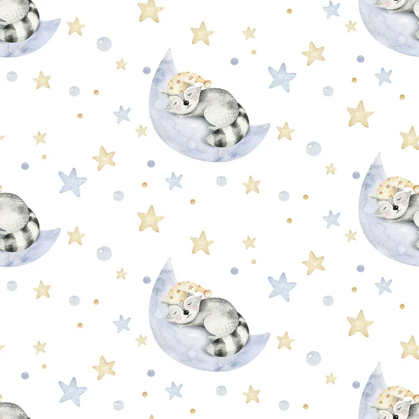 Cute Dreaming Cartoon Animal Hand Drawn Watercolor Seamless Pattern Can — 스톡 사진