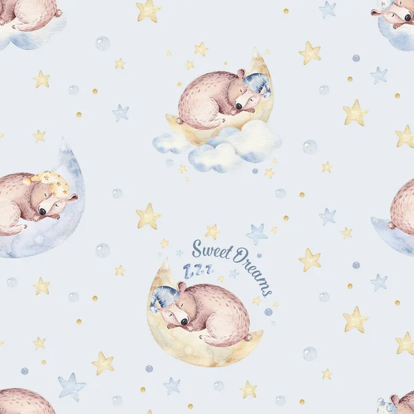 Cute dreaming cartoon animal hand drawn watercolor seamless pattern. Can be used for t-shirt print, kids nursery wear fashion design, baby shower