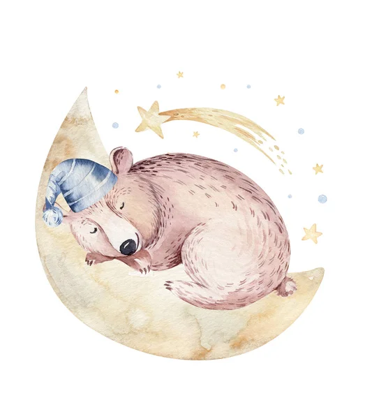 Cute dreaming cartoon bear animal hand drawn watercolor illustration. Can be used for t-shirt print, kids nursery wear fashion design, baby shower invitation card.